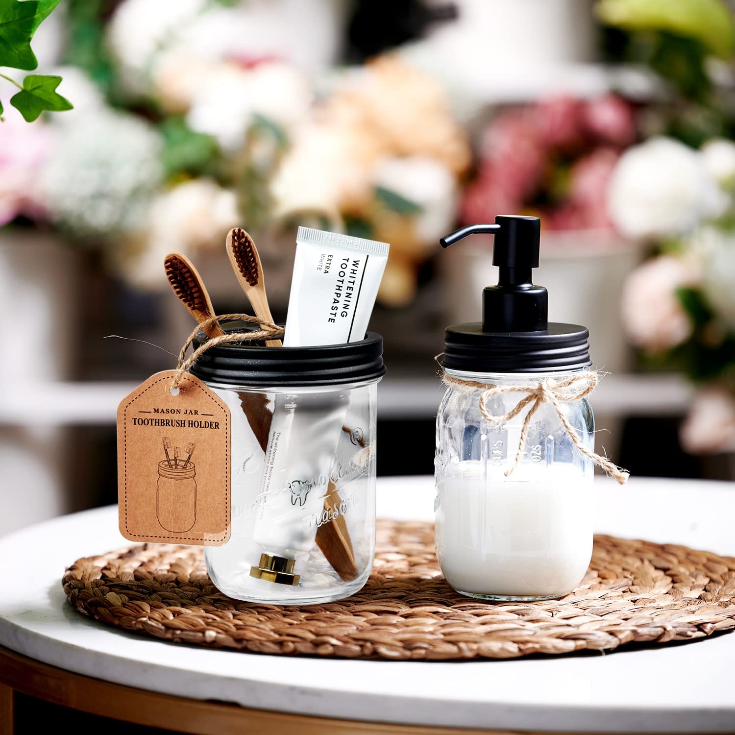 Amolliar Mason Jar Toothbrush Holder - Rustproof Stainless Steel - Holds 2 Toothbrushes And Toothpaste,With Chalkboard Labels -